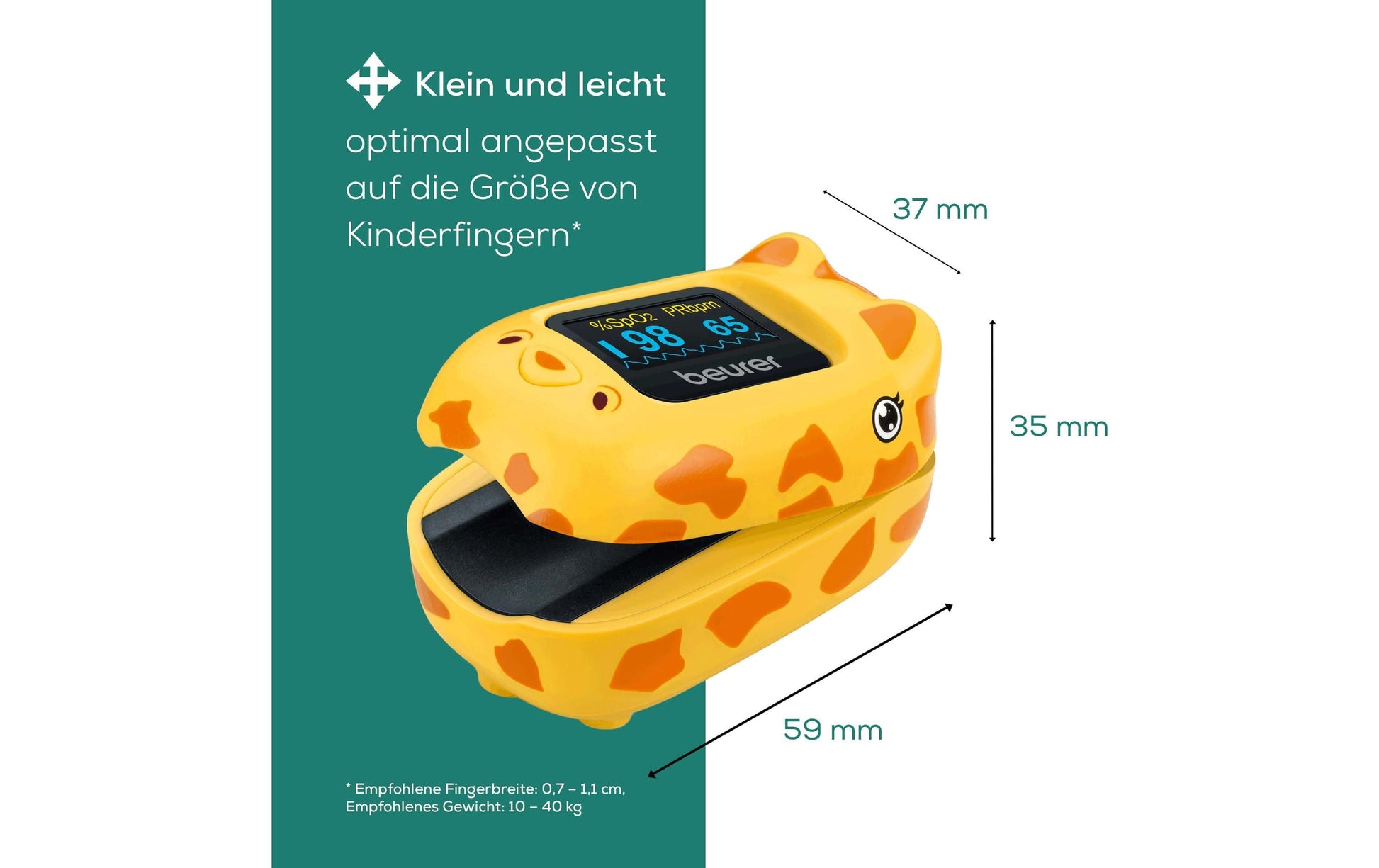 Beurer PO 13 Kids – Pulsoximeter – mit Display, Batteriebetrieb (AAA), für Kinder, Giraffe