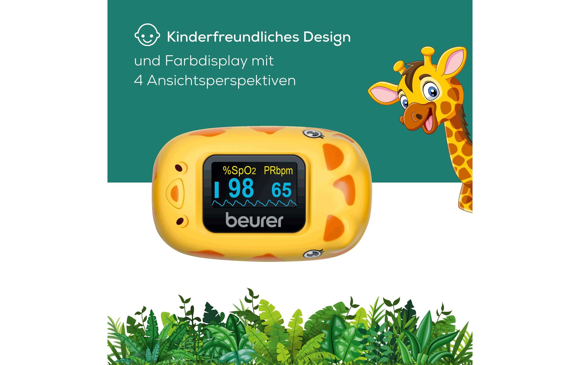 Beurer PO 13 Kids – Pulsoximeter – mit Display, Batteriebetrieb (AAA), für Kinder, Giraffe