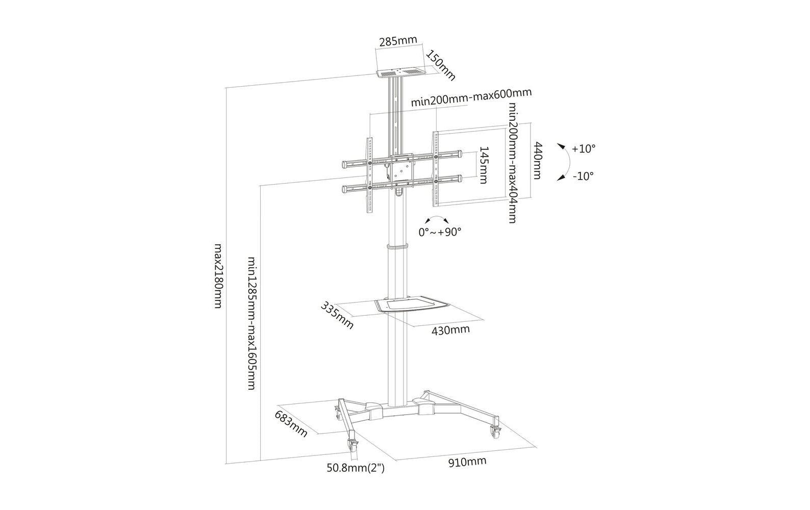 Puremounts PM-CART-70B – Trolley für 40", VESA 200×200, bis 50 kg, höhenverstellbar, schwarz
