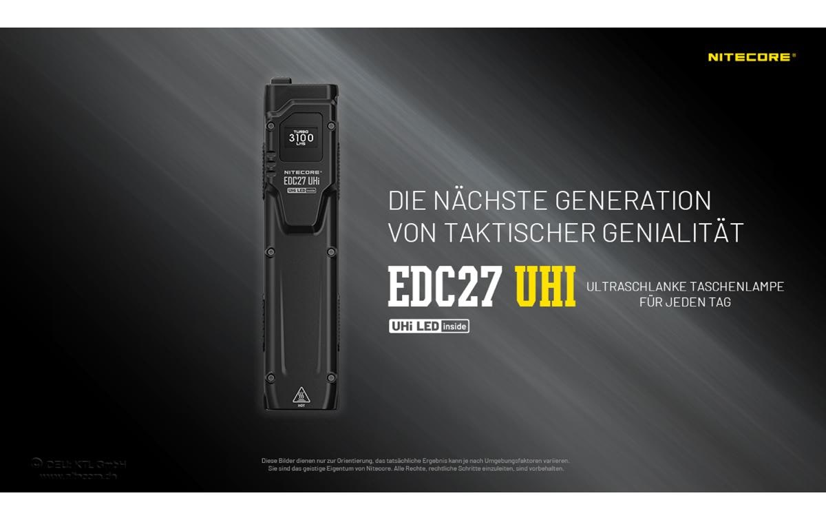 Nitecore Taschenlampe EDC27 UHI – 3100 lm, 305 m, IP54, USB, Akku, 6 Modi – Schwarz