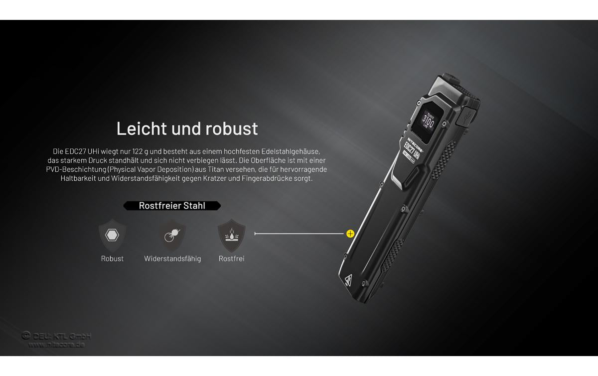 Nitecore Taschenlampe EDC27 UHI – 3100 lm, 305 m, IP54, USB, Akku, 6 Modi – Schwarz