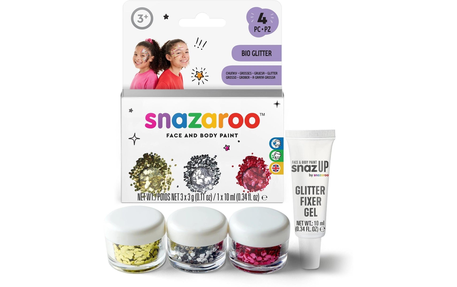 Snazaroo Glitzer-Set Grob – 3 Stk – Gold, Rot, Silber – für sensible Haut
