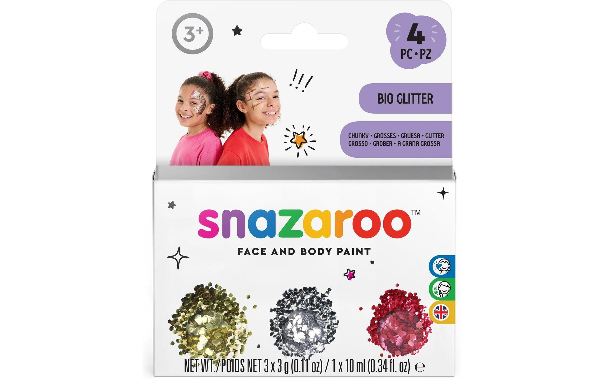 Snazaroo Glitzer-Set Grob – 3 Stk – Gold, Rot, Silber – für sensible Haut