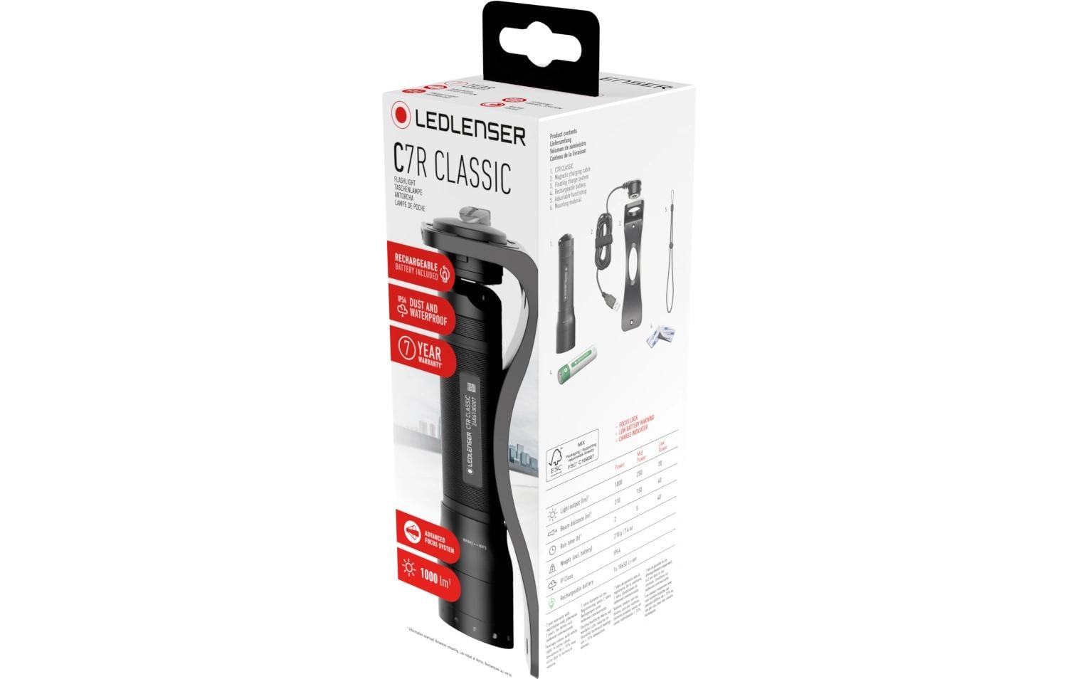 Ledlenser Taschenlampe C7R Classic – 1000 lm, 210 m, IP54, Akku 2500 mAh – Schwarz