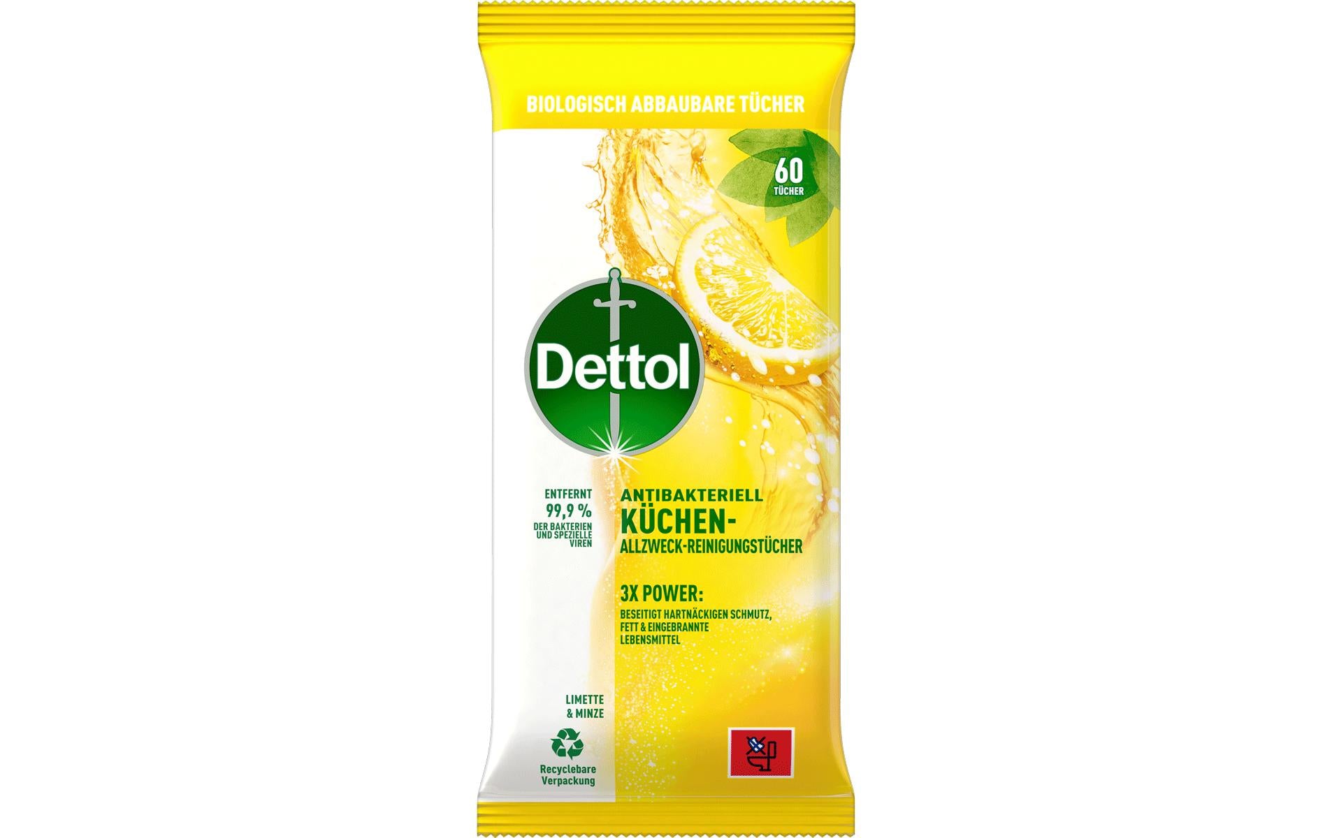 Dettol Allzweck-Reinigungstücher – Limette-Minz-Duft – für Oberflächen – 60 Stk.