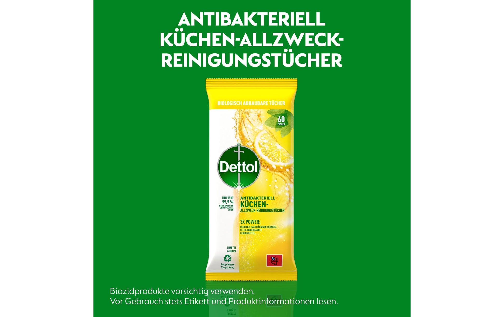 Dettol Allzweck-Reinigungstücher – Limette-Minz-Duft – für Oberflächen – 60 Stk.