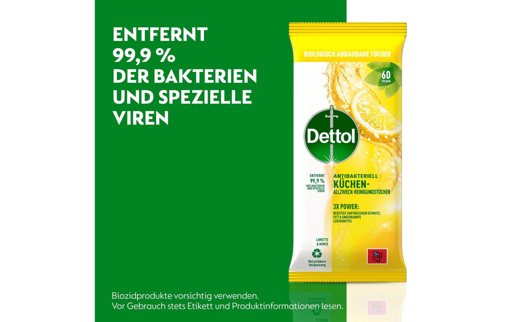 Dettol Allzweck-Reinigungstücher – Limette-Minz-Duft – für Oberflächen – 60 Stk.