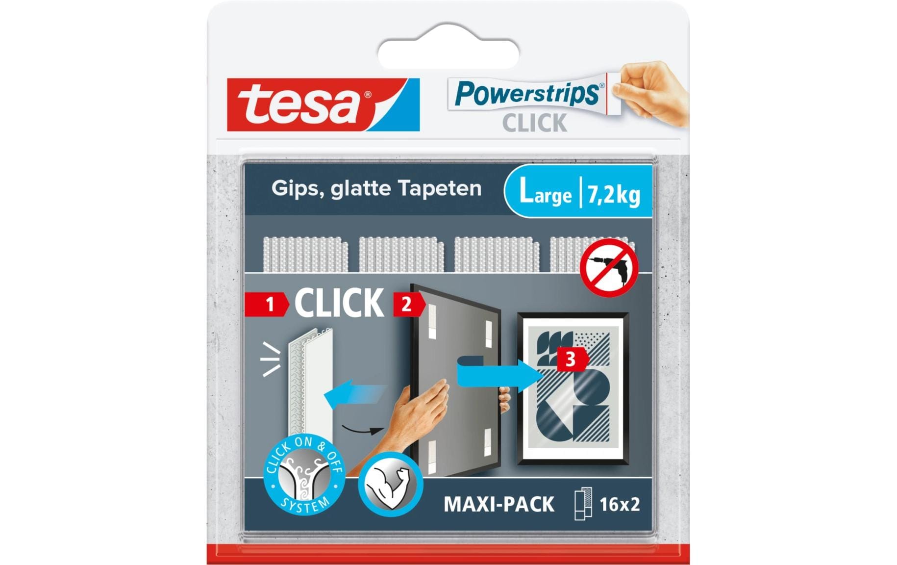 TESA Powerstrips CLICK Montagepad – 20 × 85 mm, weiss, bis 7,2 kg, 32 Stk.