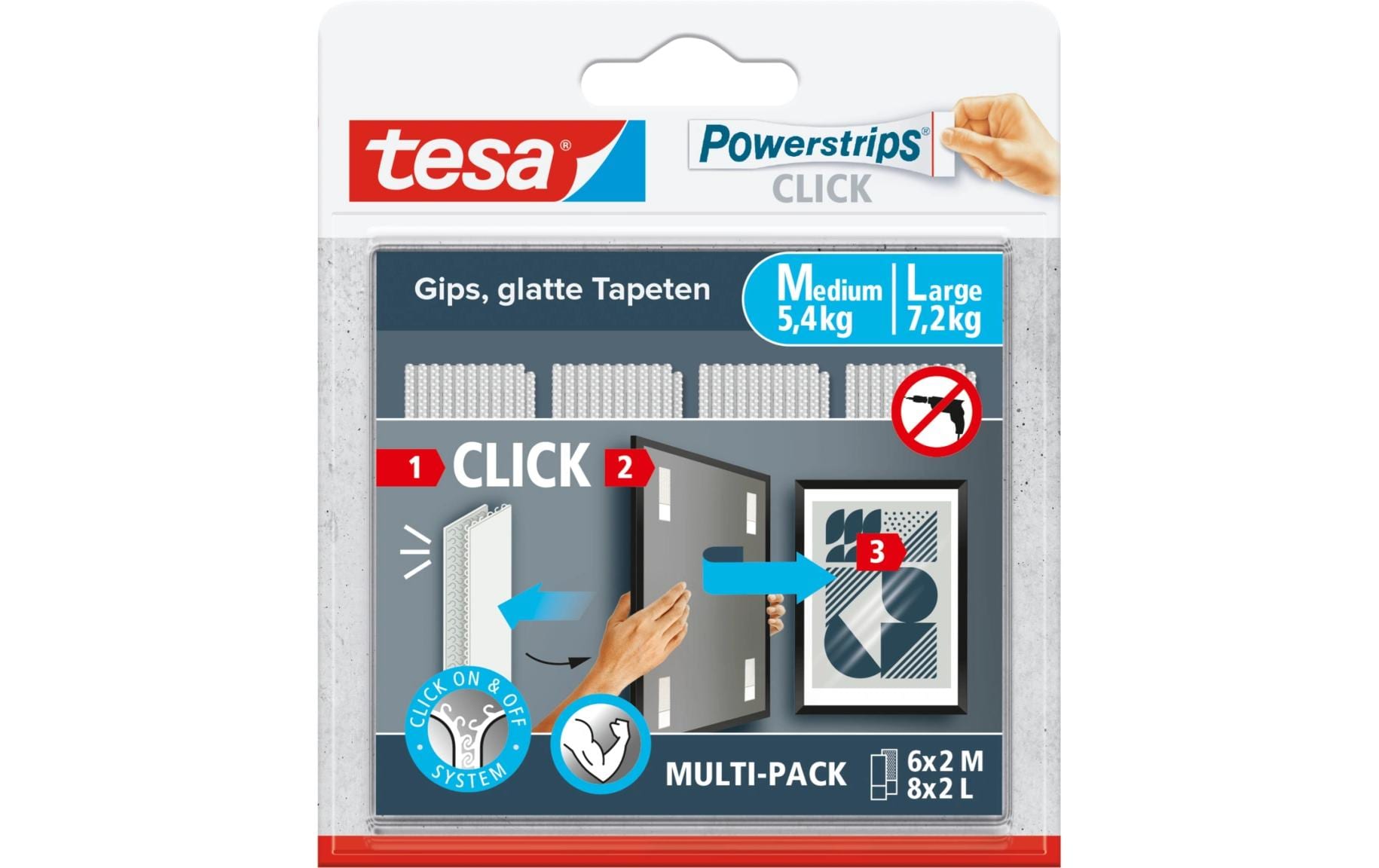 TESA Powerstrips CLICK Montagestreifen – weiss, bis 7,2 kg, 28 Stk., für Innen