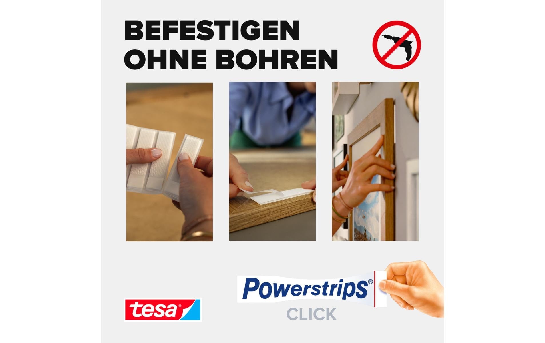 Tesa Montageband Powerstrips Click, für glatte Oberflächen – 20 mm × 0,06 m, weiss, bis 1,8 kg