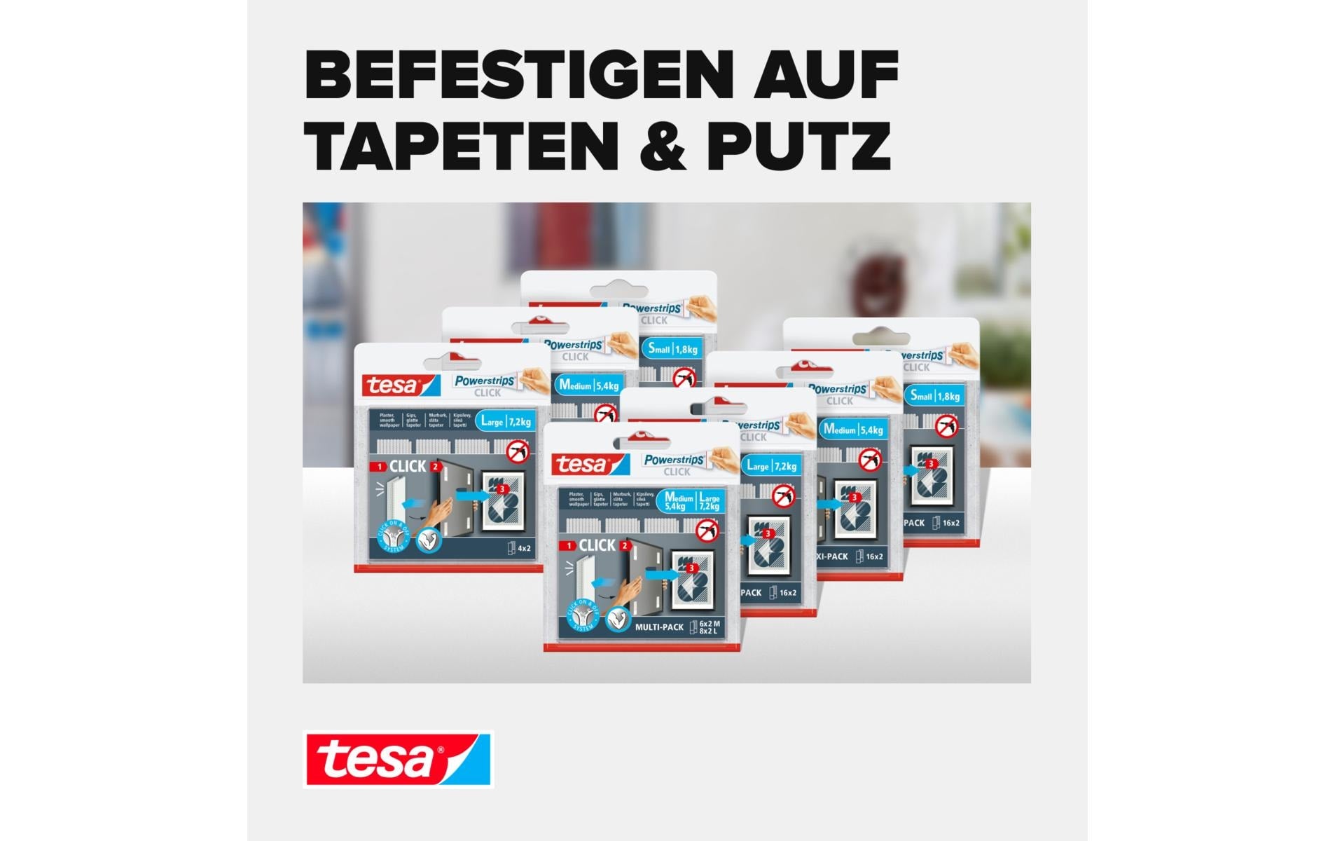 TESA Powerstrips CLICK Montagepad – 20 × 85 mm, weiss, bis 7,2 kg, 32 Stk.