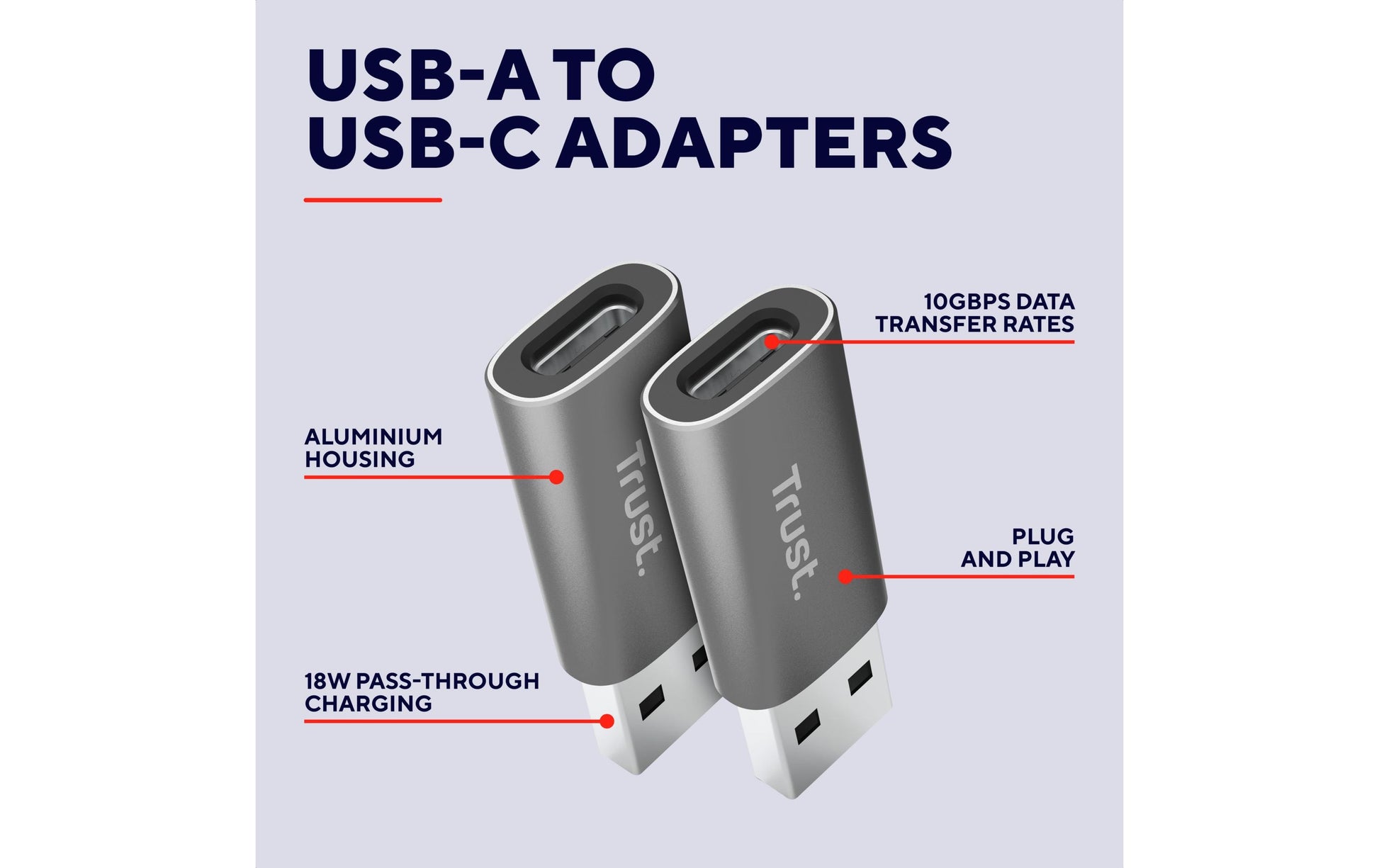 Trust Calyx Adapter USB-A zu USB-C – 2er-Pack, Plug & Play, USB 1.0/1.1 (12 Mbit/s), Grau