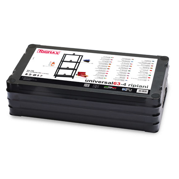 Toomax Eckregal, UNIVERSAL 63 – freistehend – 4 Böden – 60 × 30 × 138 cm – 25 kg/Boden – schwarz – Kunststoff