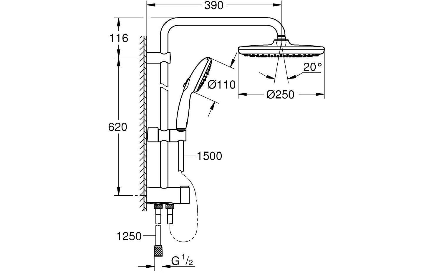 GROHE Duschsystem Vitalio Start 250 – 150 cm Schlauch, Metall, Chrom