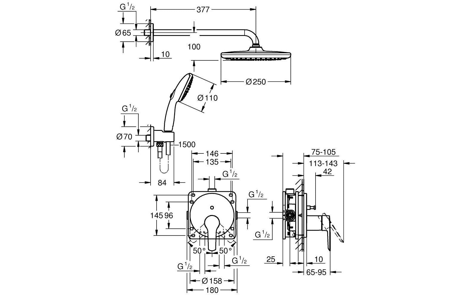 GROHE Duschsystem Start – Schlauch 150 cm, Metall, Umschaltdrehgriff, Chrom
