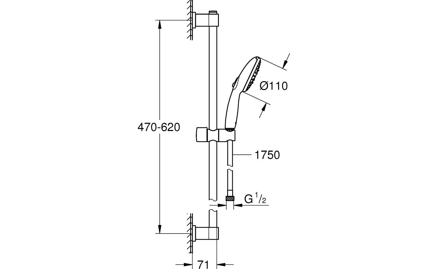 GROHE Badebatterie Vitalio Start 110 – 175 cm Schlauch, Kunststoff, Chrom