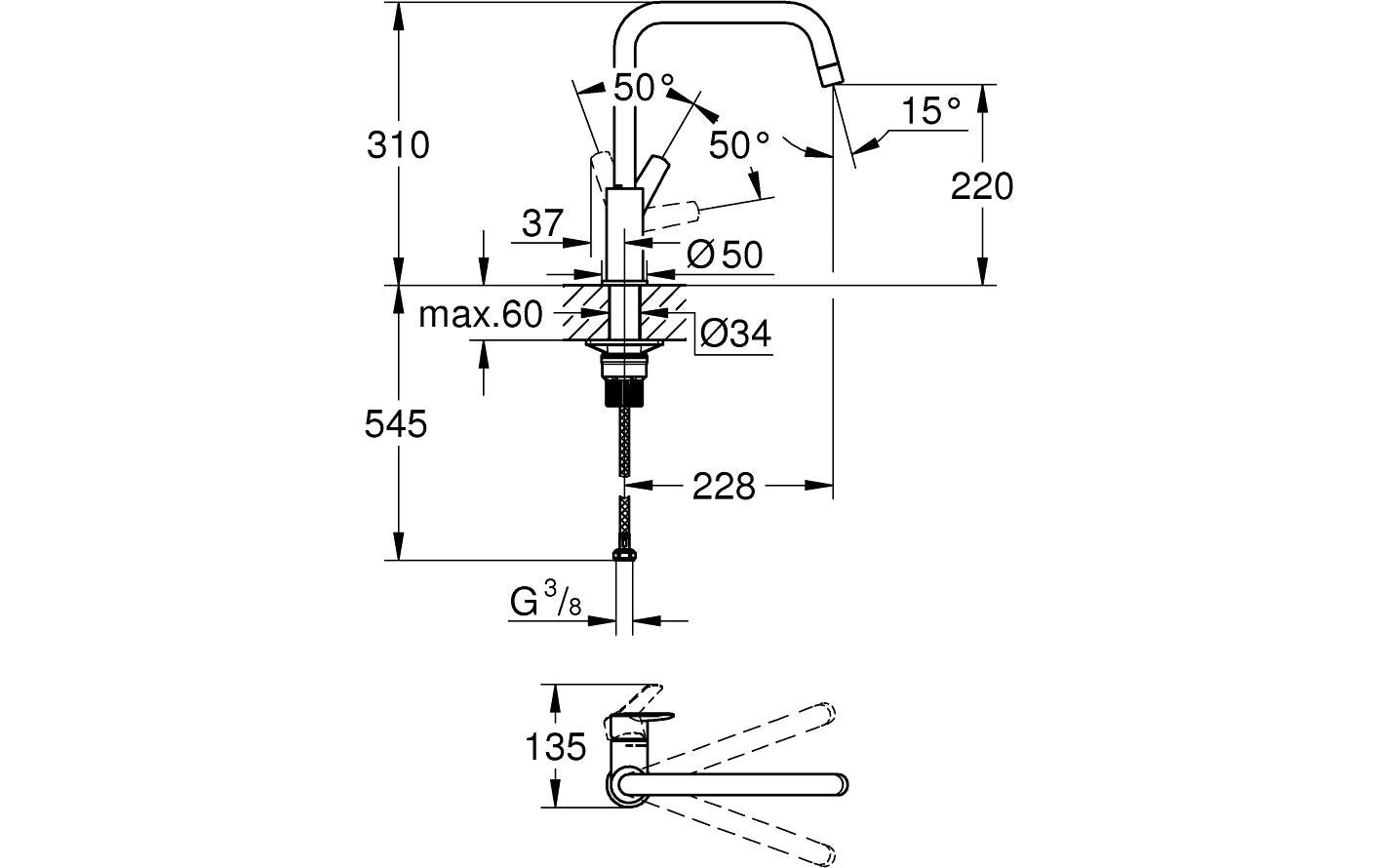 GROHE Start Einhebelmischer – U-Auslauf, Schwarz, Metall, Einlochmontage, Anschluss 3/8"