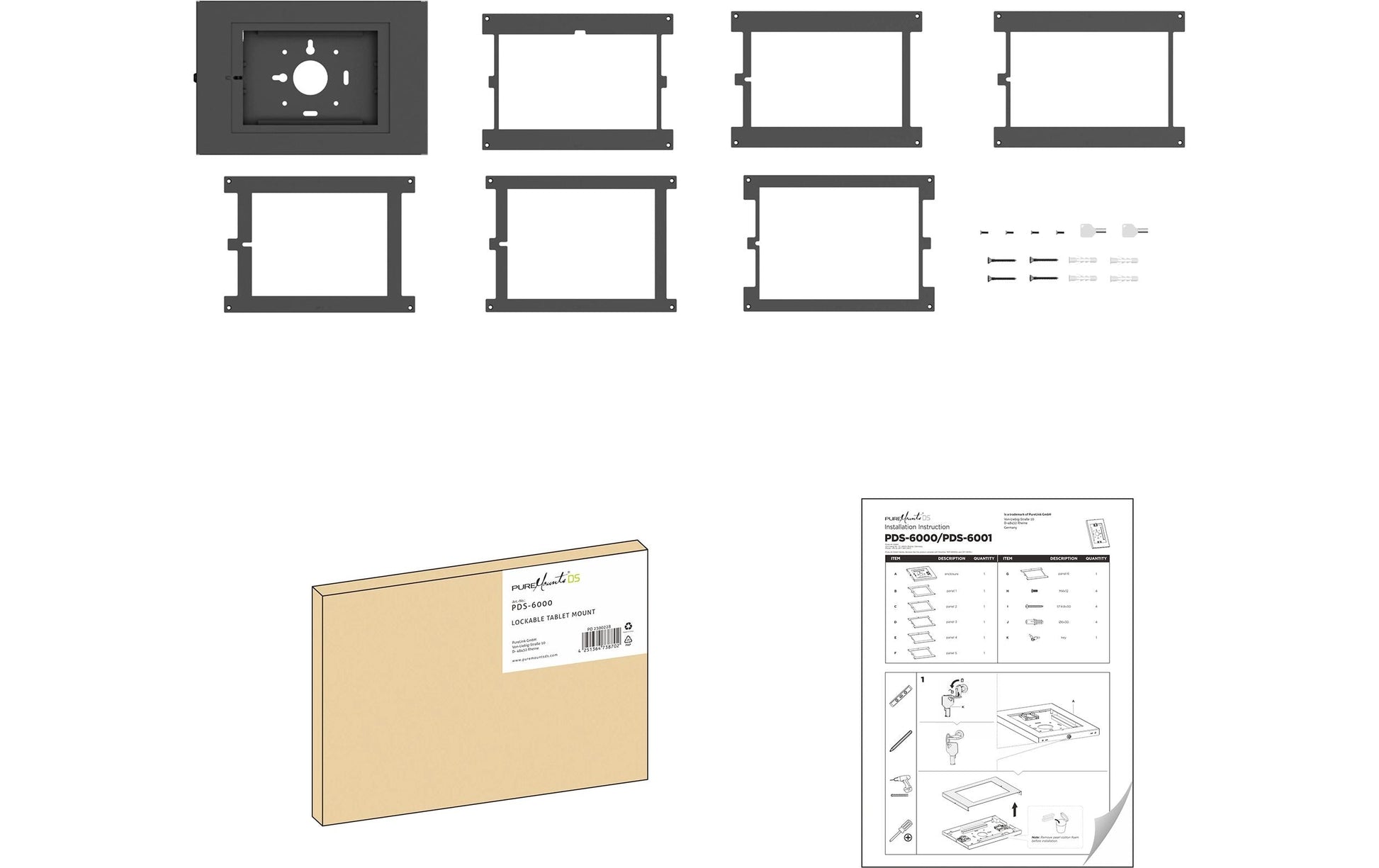 PureMounts Tablet-Wandhalterung – für Galaxy Tab S6 Lite, abschliessbar – Schwarz