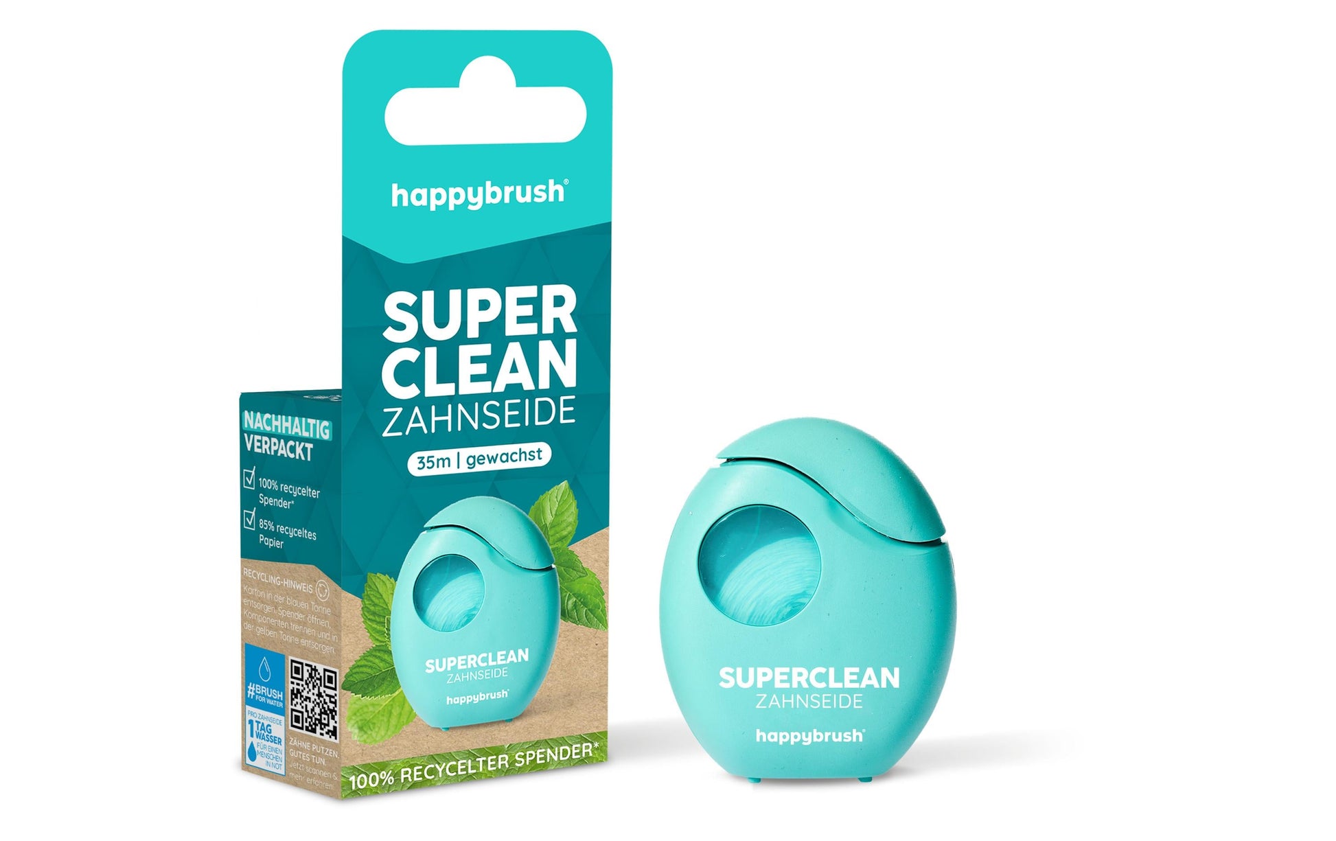 happybrush Zahnseide SuperClean – gewachst, Minze – 35 m – blau