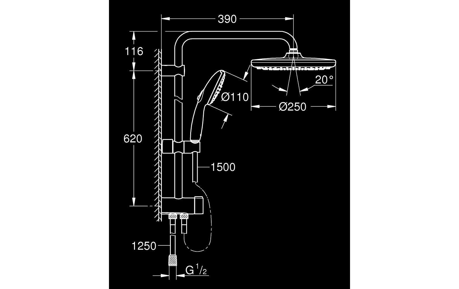 GROHE Duschsystem Vitalio Start 250 – 150 cm Schlauch, Metall, Chrom