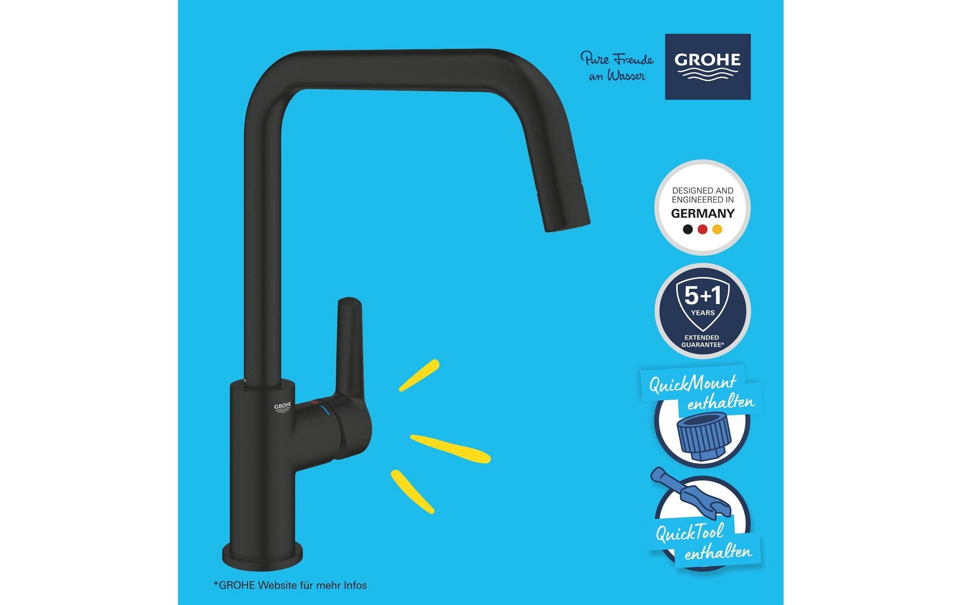 GROHE Start Einhebelmischer – U-Auslauf, Schwarz, Metall, Einlochmontage, Anschluss 3/8"