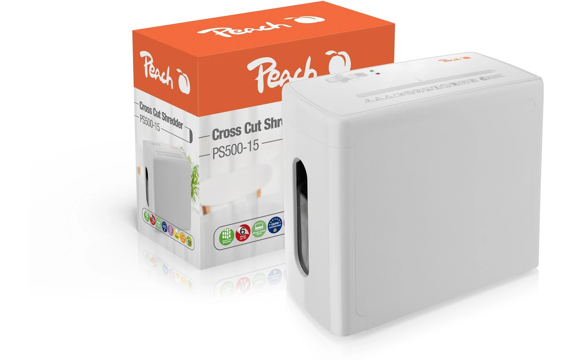 Peach PS500-15 Aktenvernichter – Streifenschnitt, P-4, 4 × 38 mm, 6 Blatt, 9 l