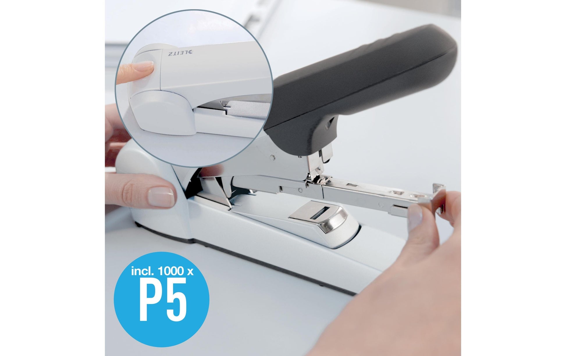 Leitz 5552 – Hefter, 60 Blatt, für 25/10, Flat-Clinch, Einlegetiefe 57 mm, grau