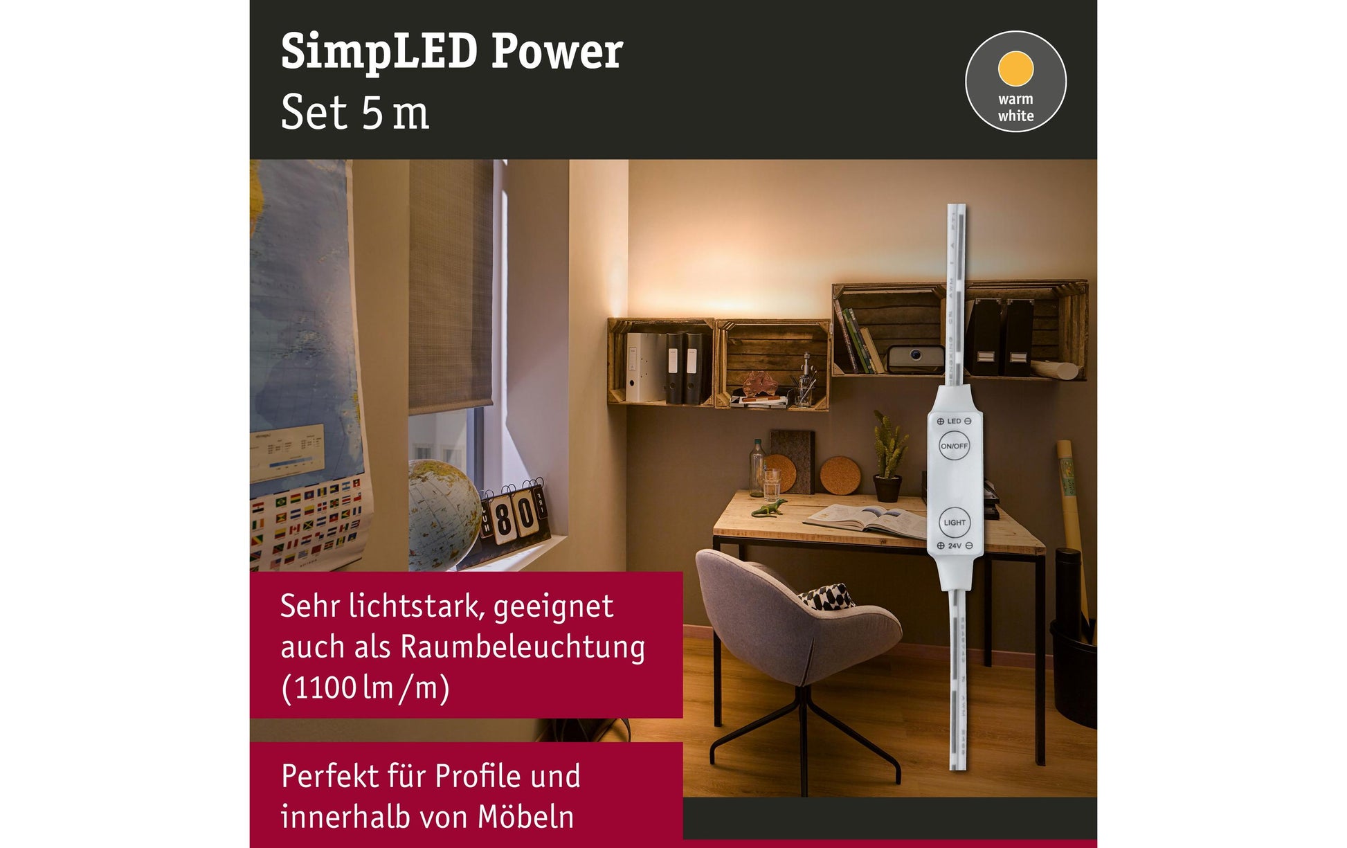 Paulmann LED-Strip – 5 m, 5500 lm, 50 W, 3000 K, dimmbar, weiss, mit Netzteil