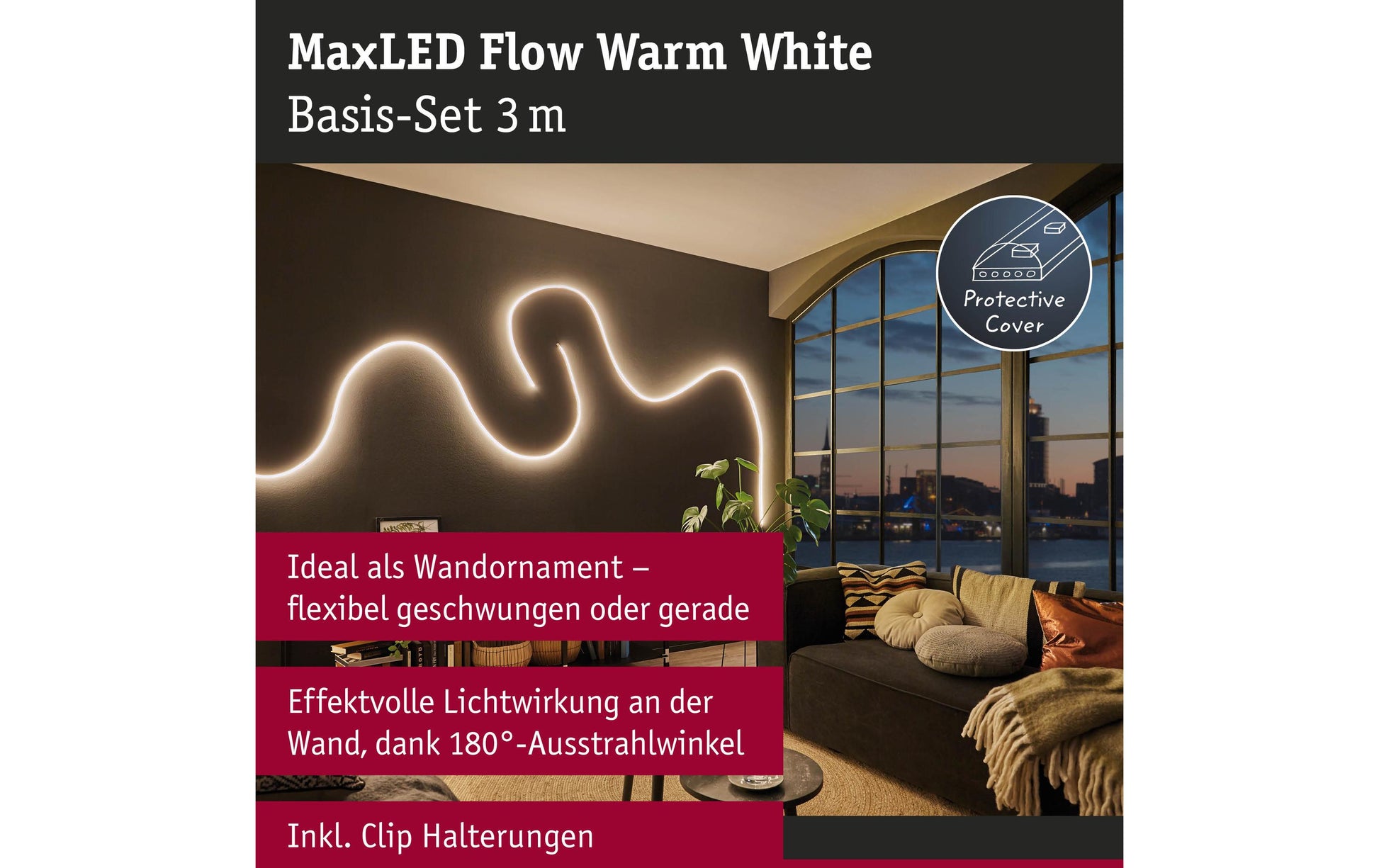 Paulmann LED-Stripe MaxLED Flow – 3 m, 3000 lm, 42 W, 2700 K, dimmbar, inkl. Netzteil, weiss