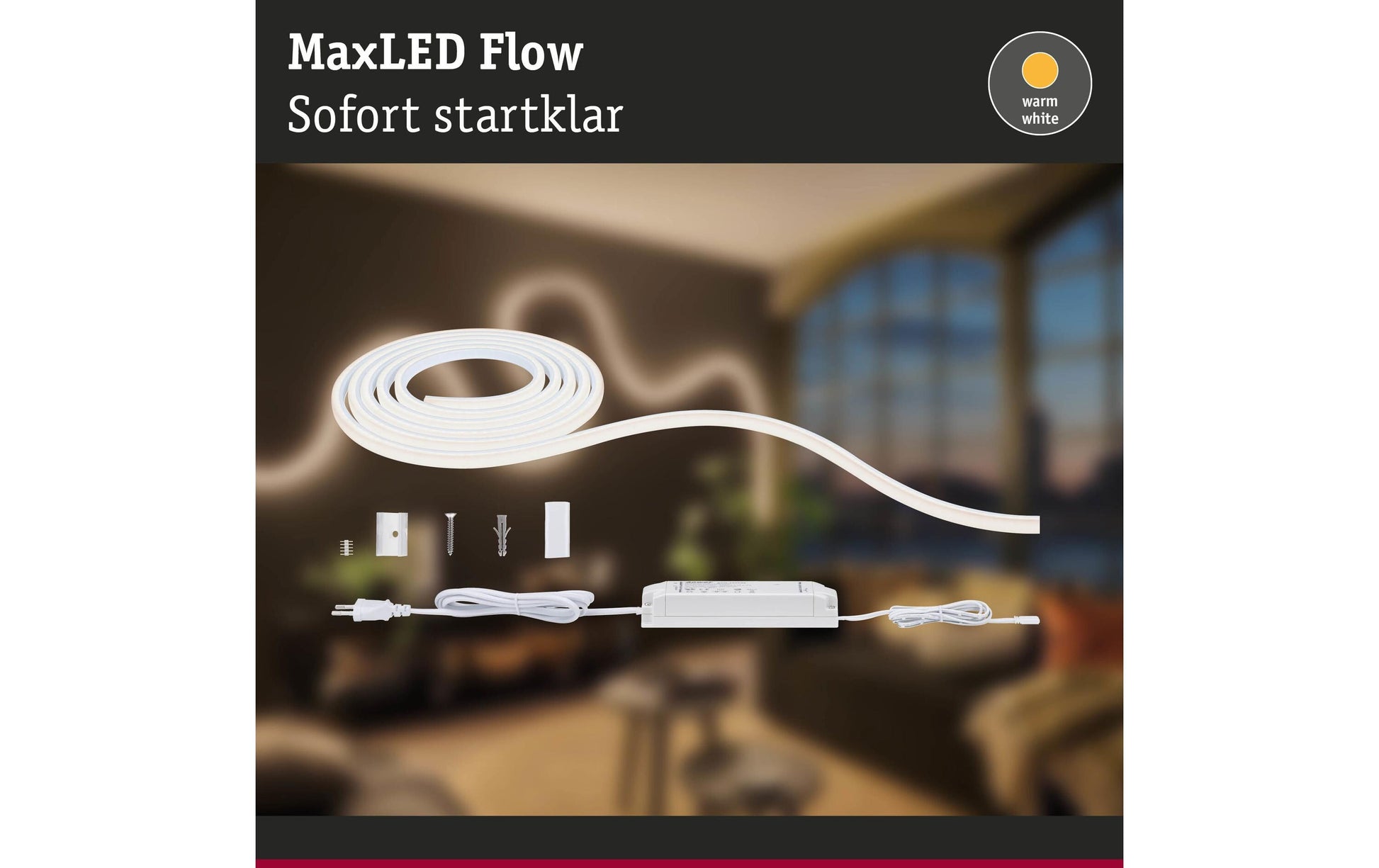 Paulmann LED-Stripe MaxLED Flow – 3 m, 3000 lm, 42 W, 2700 K, dimmbar, inkl. Netzteil, weiss