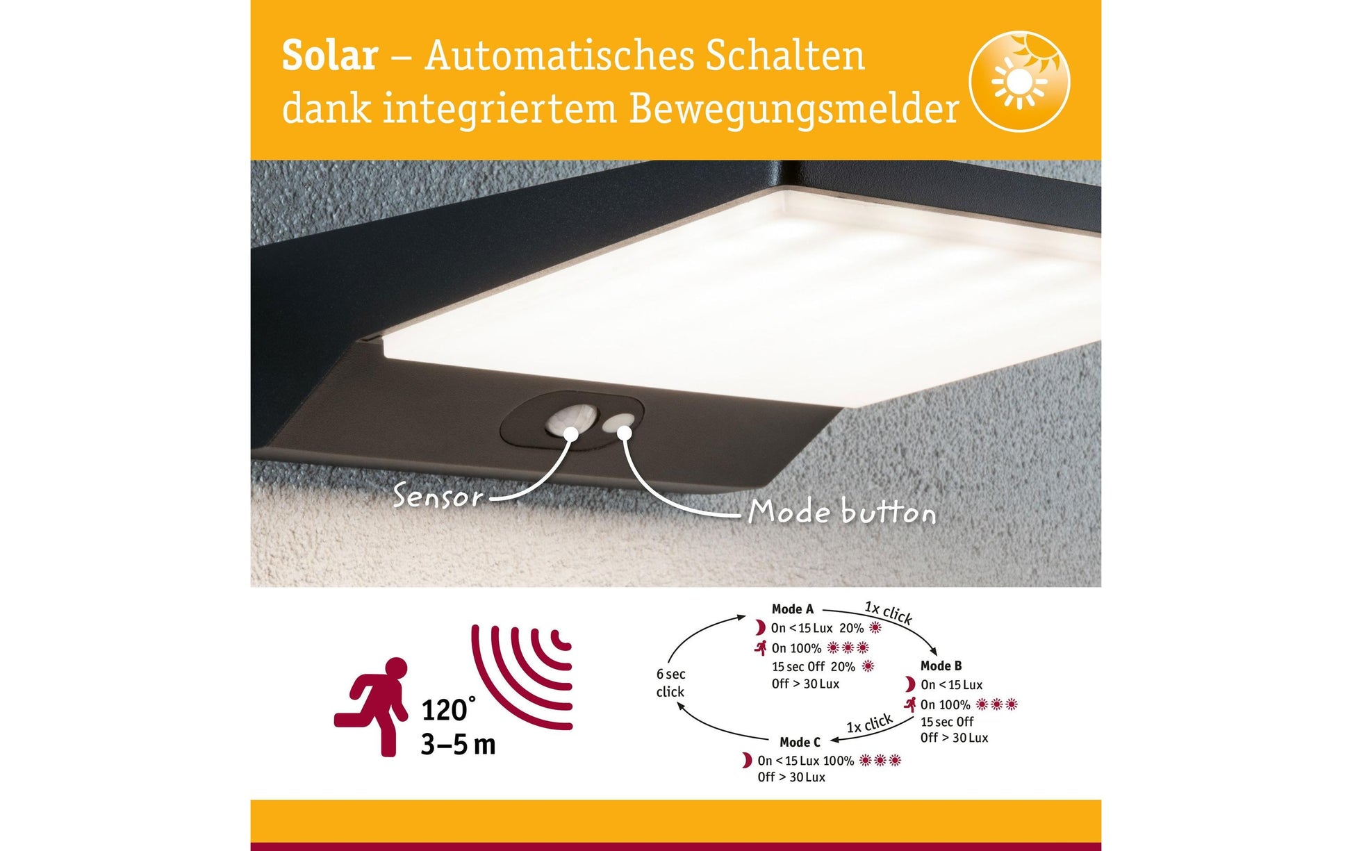 Paulmann Aussenwandleuchte – 3000 K – IP44 – Solarbetrieb – mit Bewegungsmelder – Anthrazit – Aluminium