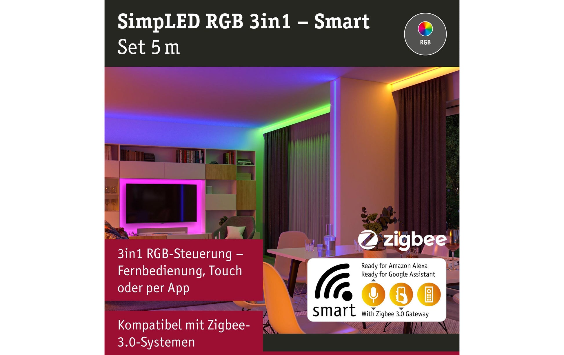 Paulmann LED-Strip SimpLED – Komplettset, 5 m, 450 lm, 20 W, RGB, dimmbar, ZigBee 3.0, weiss, Fernbedienung