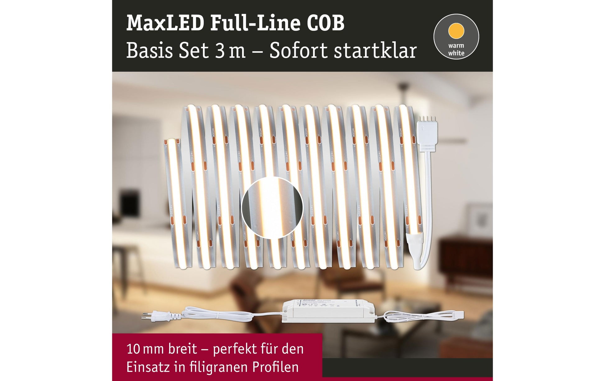 Paulmann LED-Strip MaxLED 1000 BasisSet – 3 m, 3240 lm, 36 W, 2700 K, dimmbar, silber, inkl. Netzteil