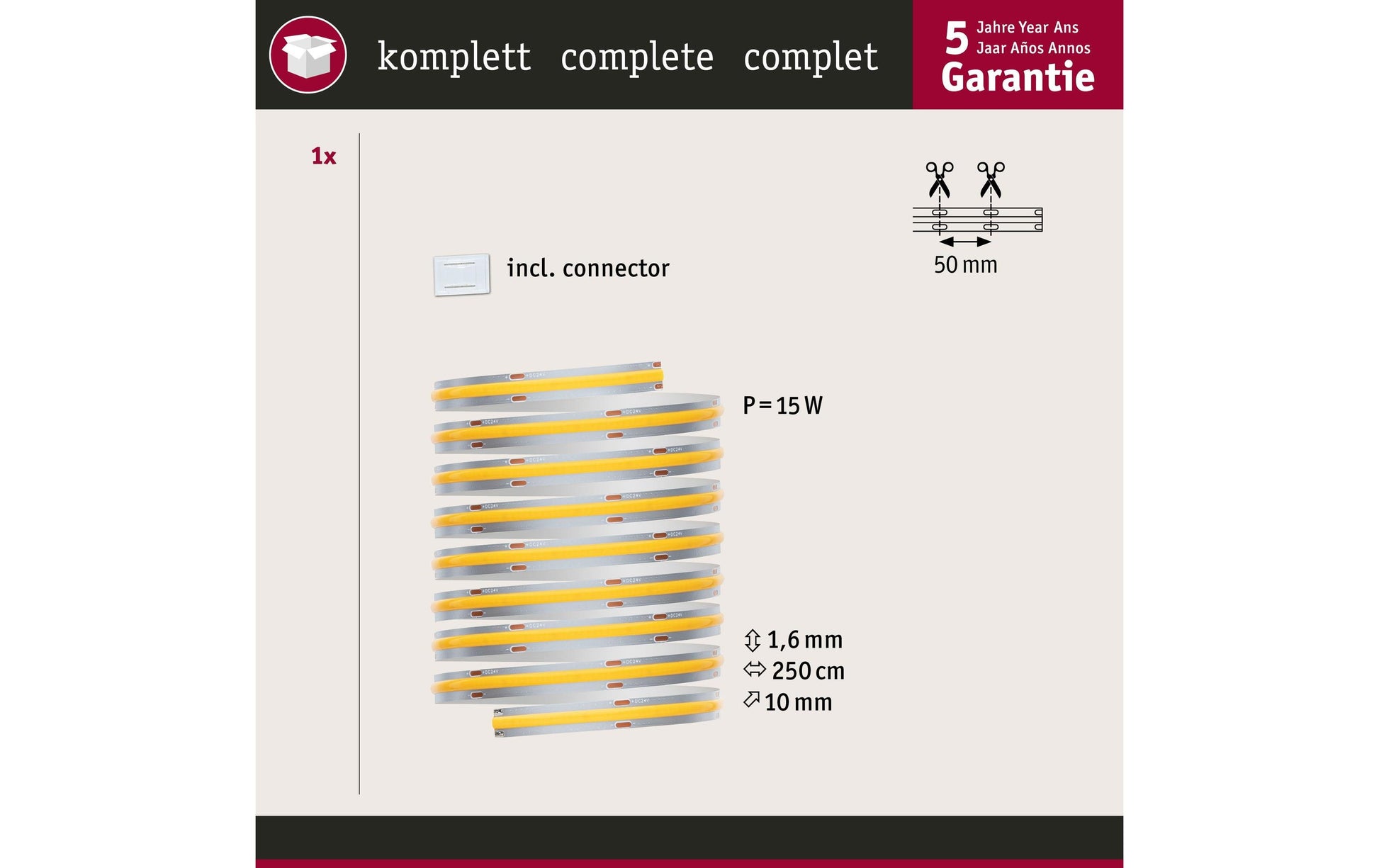 Paulmann LED-Strip MaxLED 500 COB – 2,5 m, 1250 lm, 15 W, 2700 K, dimmbar, silber, inkl. Netzteil