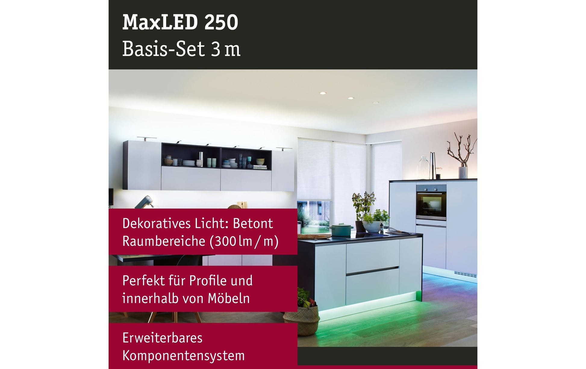 Paulmann LED-Strip MaxLED 250 – Set, 3 m, 810 lm, 19 W, RGB, dimmbar, Fernbedienung, weiss