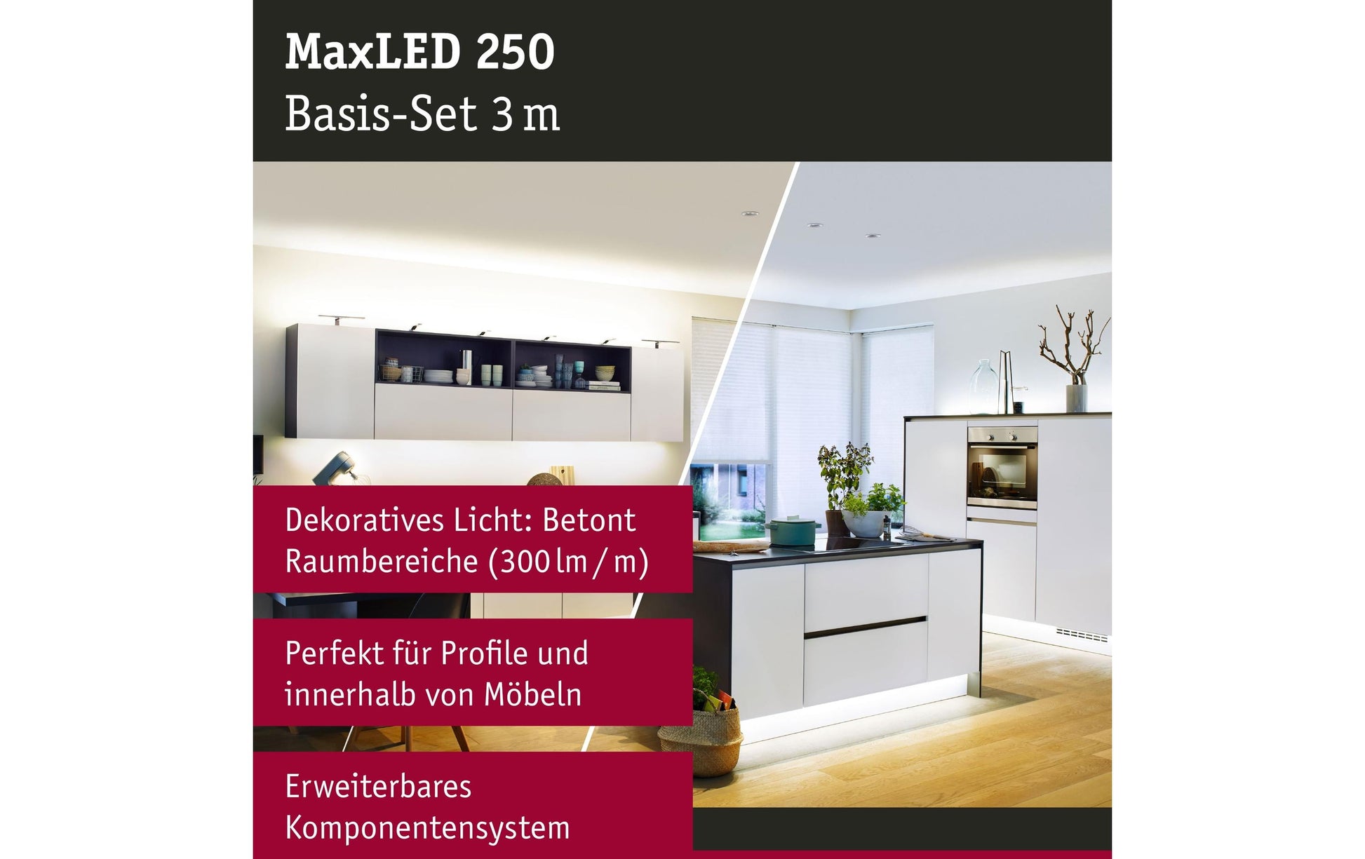 Paulmann LED-Strip MaxLED 250 – Set, 3 m, 810 lm, 11,5 W, 2700–6500 K, dimmbar, weiss, Fernbedienung, Netzteil