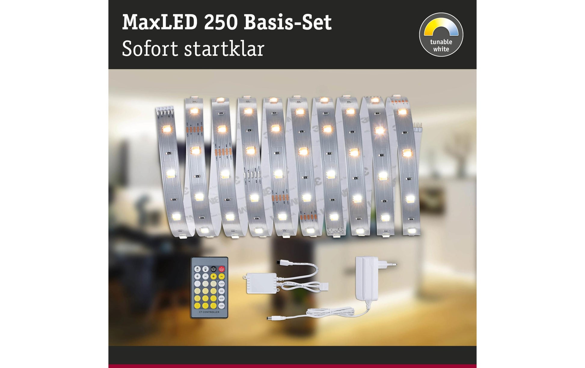 Paulmann LED-Strip MaxLED 250 – Set, 3 m, 810 lm, 11,5 W, 2700–6500 K, dimmbar, weiss, Fernbedienung, Netzteil