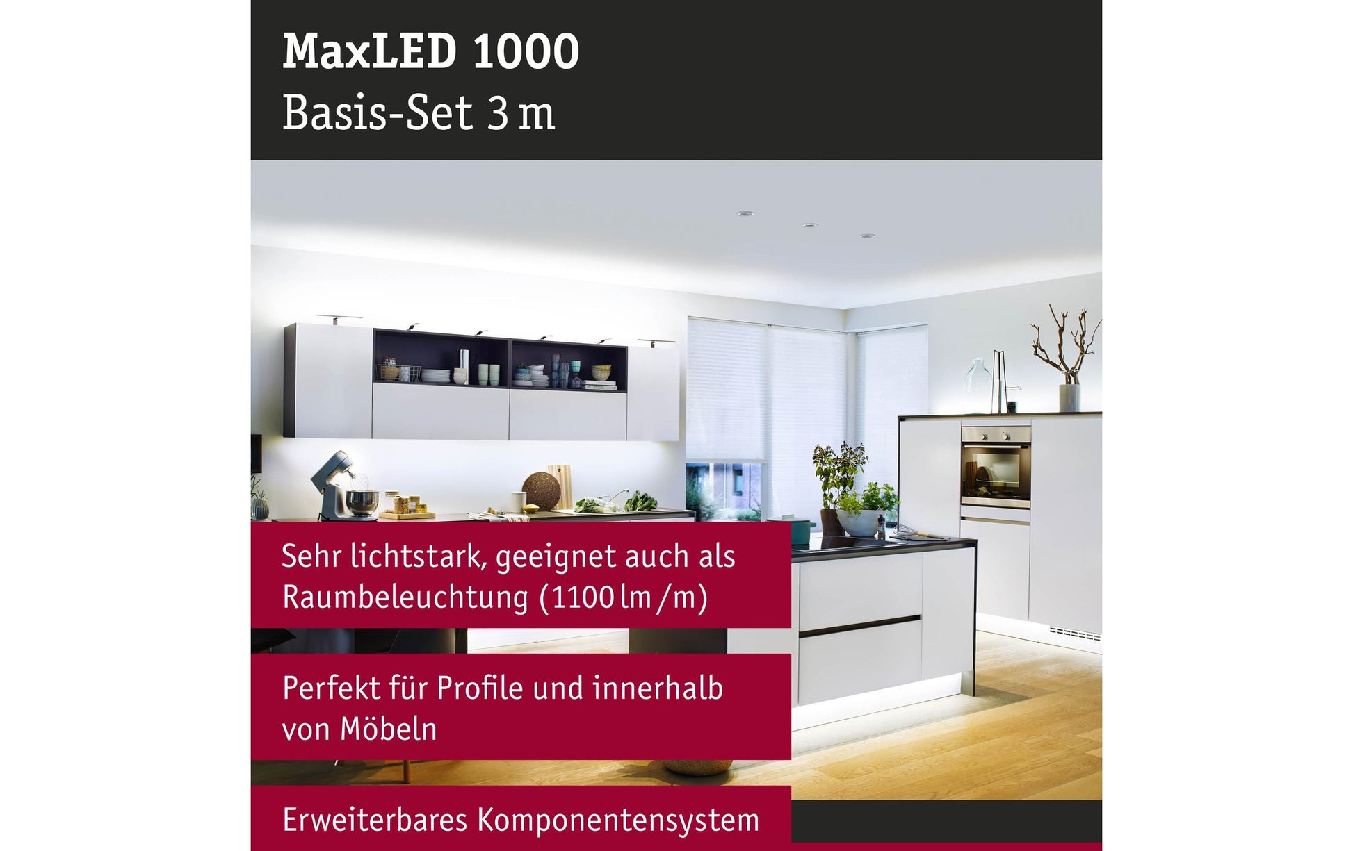 Paulmann LED-Strip MaxLED 1000 – 3 m, 3300 lm, 34 W, 6500 K, dimmbar, weiss, inkl. Netzteil