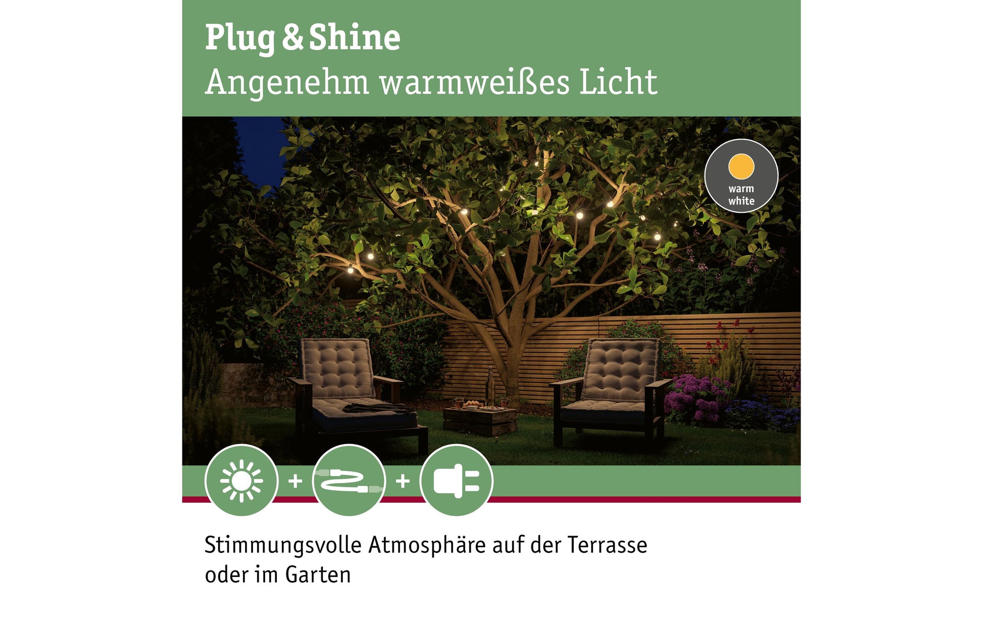Paulmann Lichterkette – 25 lm, 1 W – Warmweiss, 3000 K – IP44 – Netzbetrieb – dimmbar – Schwarz – Kunststoff