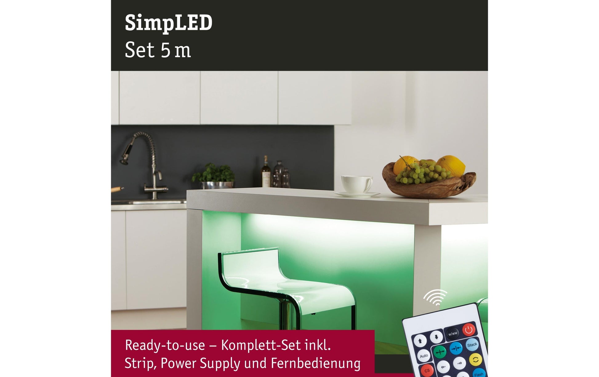 Paulmann LED-Strip – Set, 5 m, 505 lm, 20 W, RGB, dimmbar, Fernbedienung, inkl. Netzteil, weiss
