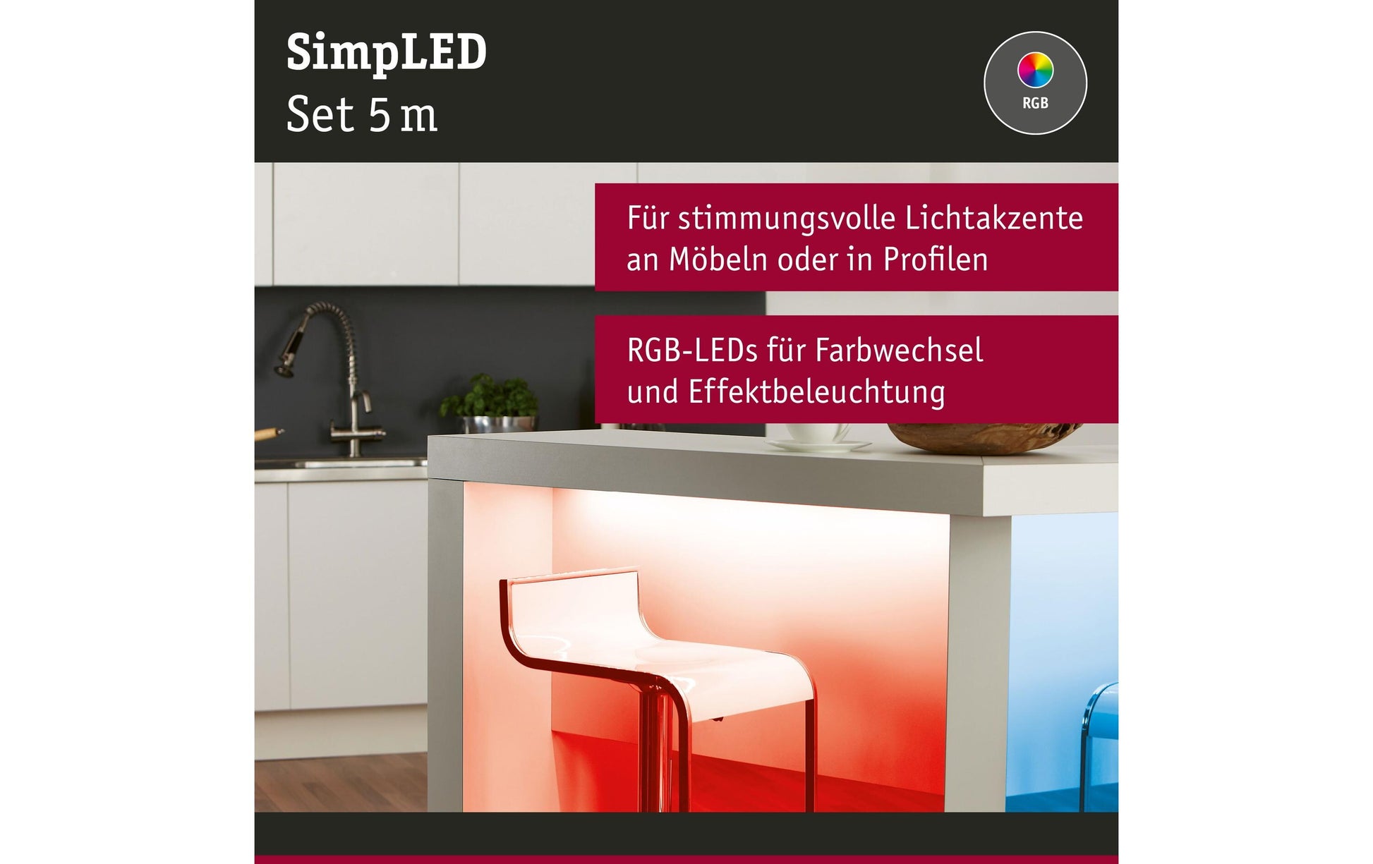 Paulmann LED-Strip – Set, 5 m, 505 lm, 20 W, RGB, dimmbar, Fernbedienung, inkl. Netzteil, weiss