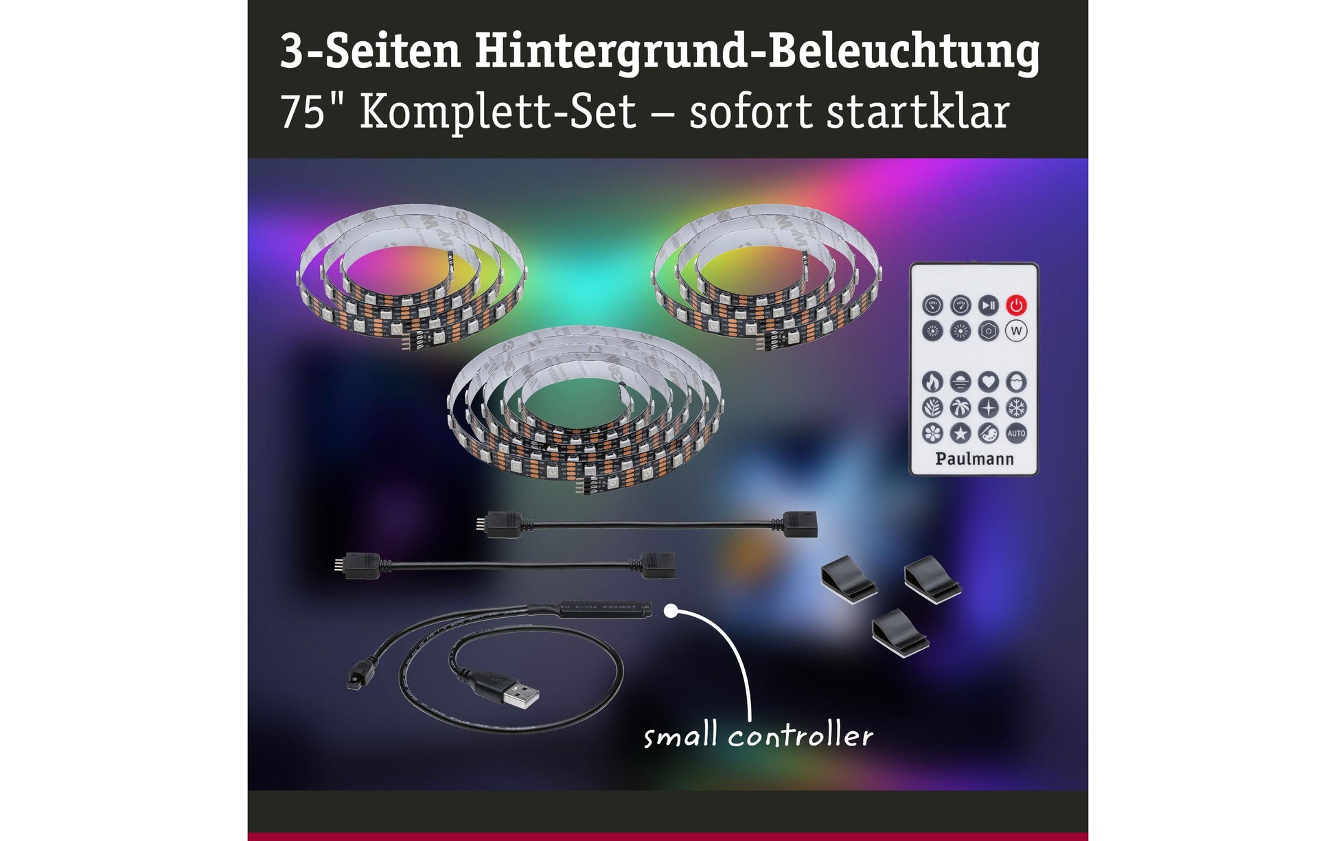 Paulmann EntertainLED TV-Backlight-Set – RGB, USB-betrieben, dimmbar – für 75" TVs – Schwarz