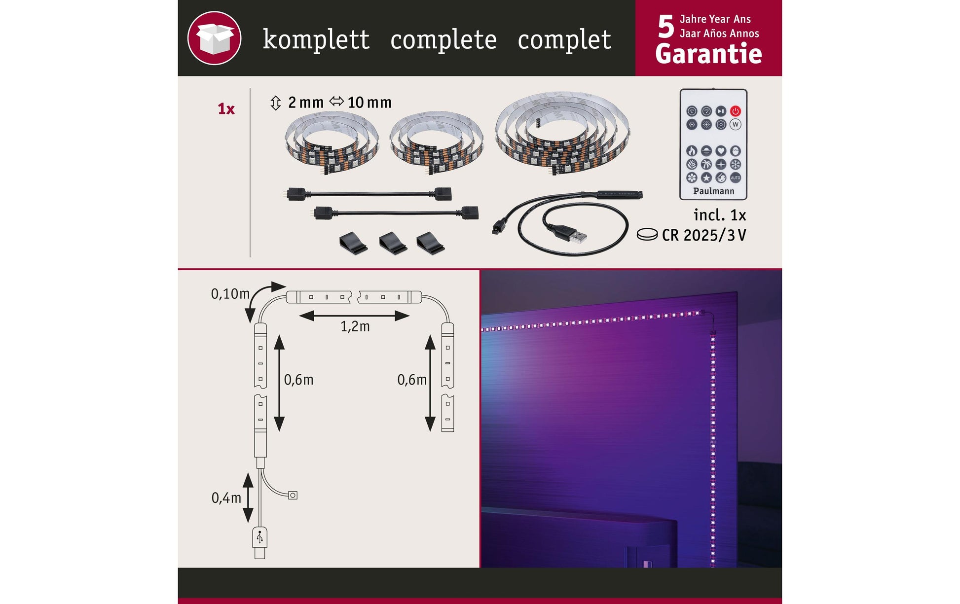 Paulmann LED-Strip – 2,4 m, 4 W, RGB, dimmbar, schwarz, USB, Fernbedienung, für 65"