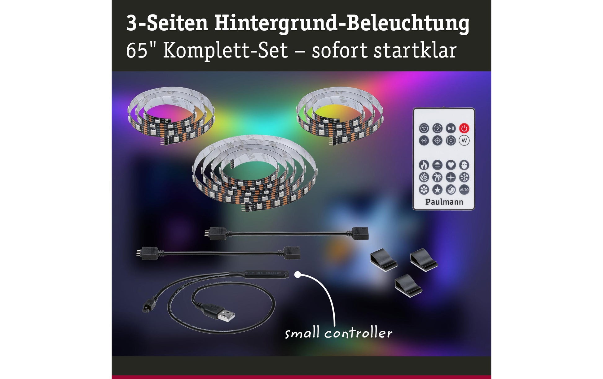 Paulmann LED-Strip – 2,4 m, 4 W, RGB, dimmbar, schwarz, USB, Fernbedienung, für 65"