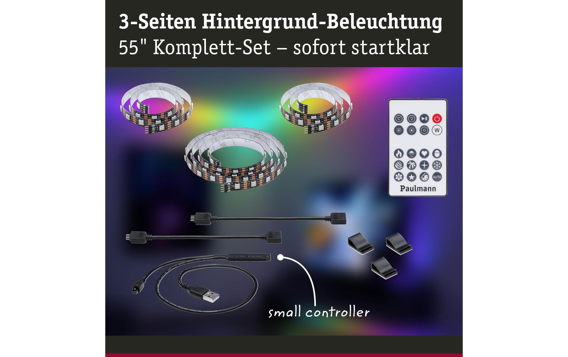 Paulmann 78880 TV-Backlight-Set – RGB, USB, dimmbar – für 55" TVs – Schwarz