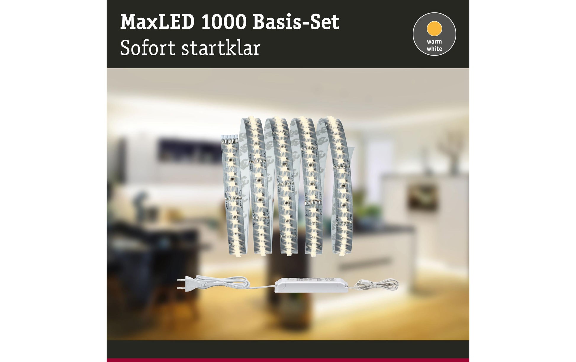 Paulmann LED-Strip MaxLED 1000 – Set, 1,5 m, 1650 lm, 20 W, 2700 K, dimmbar, weiss, inkl. Netzteil