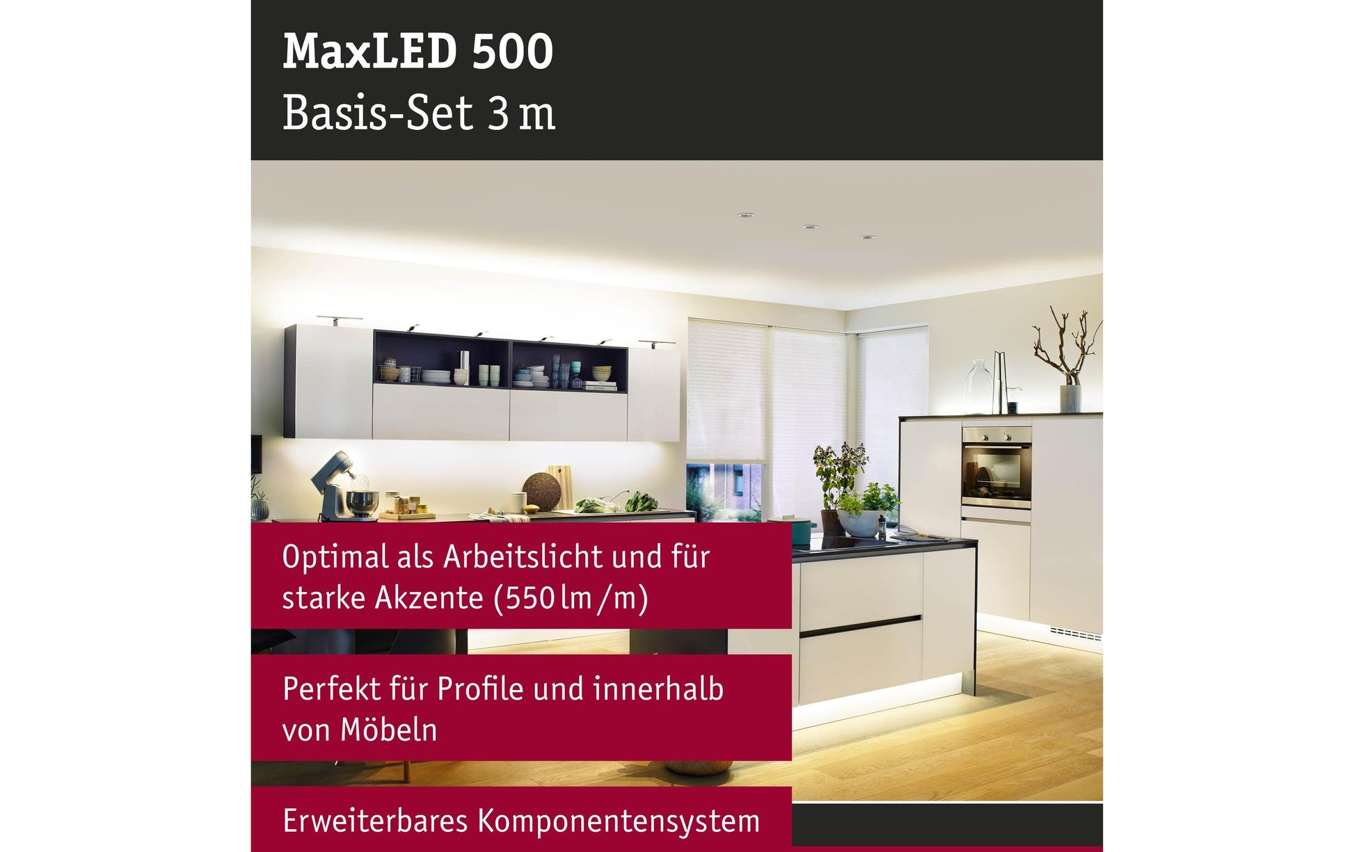 Paulmann LED-Strip MaxLED 500 – Set, 3 m, 1650 lm, 20 W, 2700 K, dimmbar, weiss, ohne Netzteil