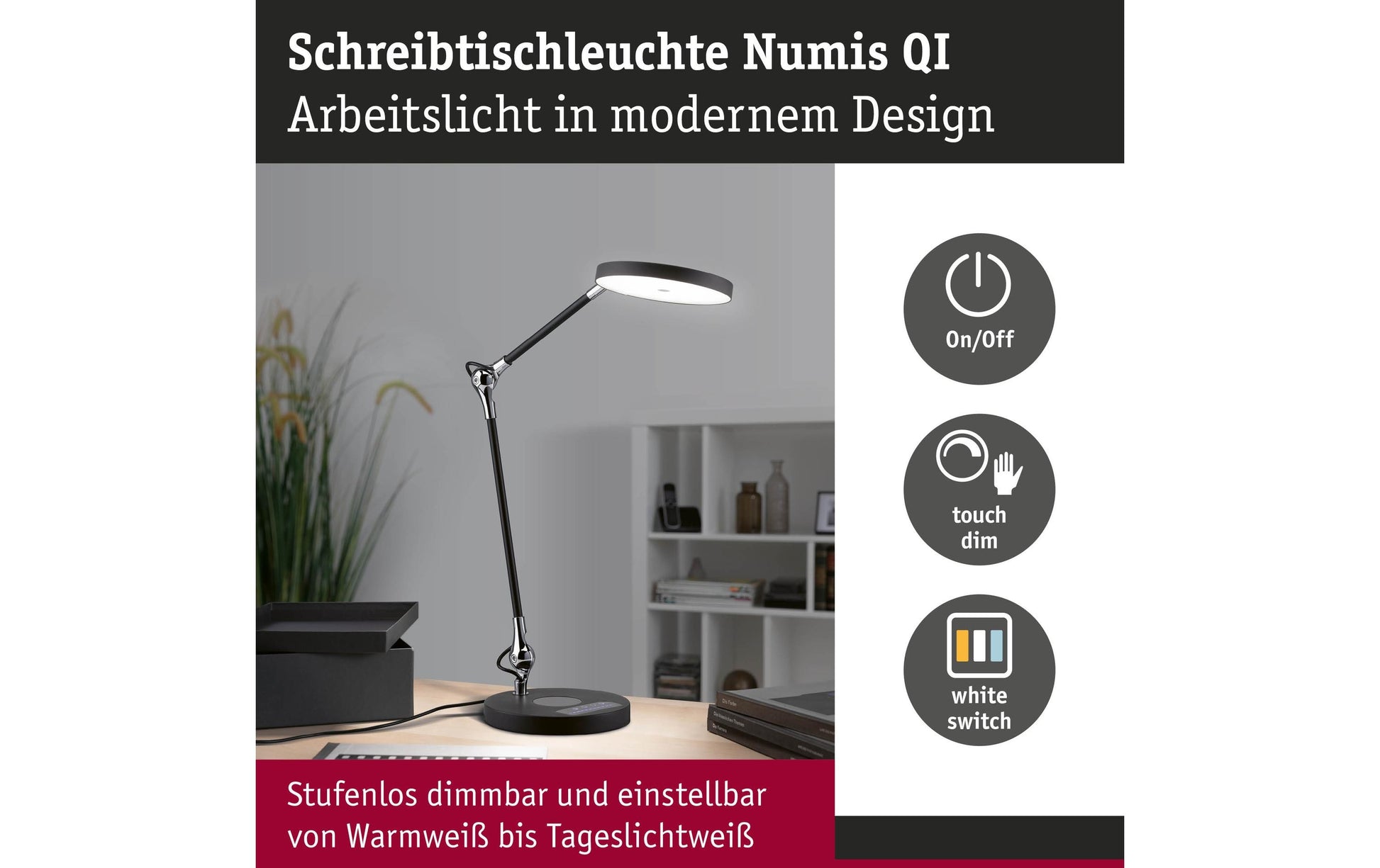 Paulmann Numis Tischleuchte – 18 × 43 × 44 cm, 1100 lm, 11 W, 2700–6500 K, dimmbar, schwarz, Touch, QI