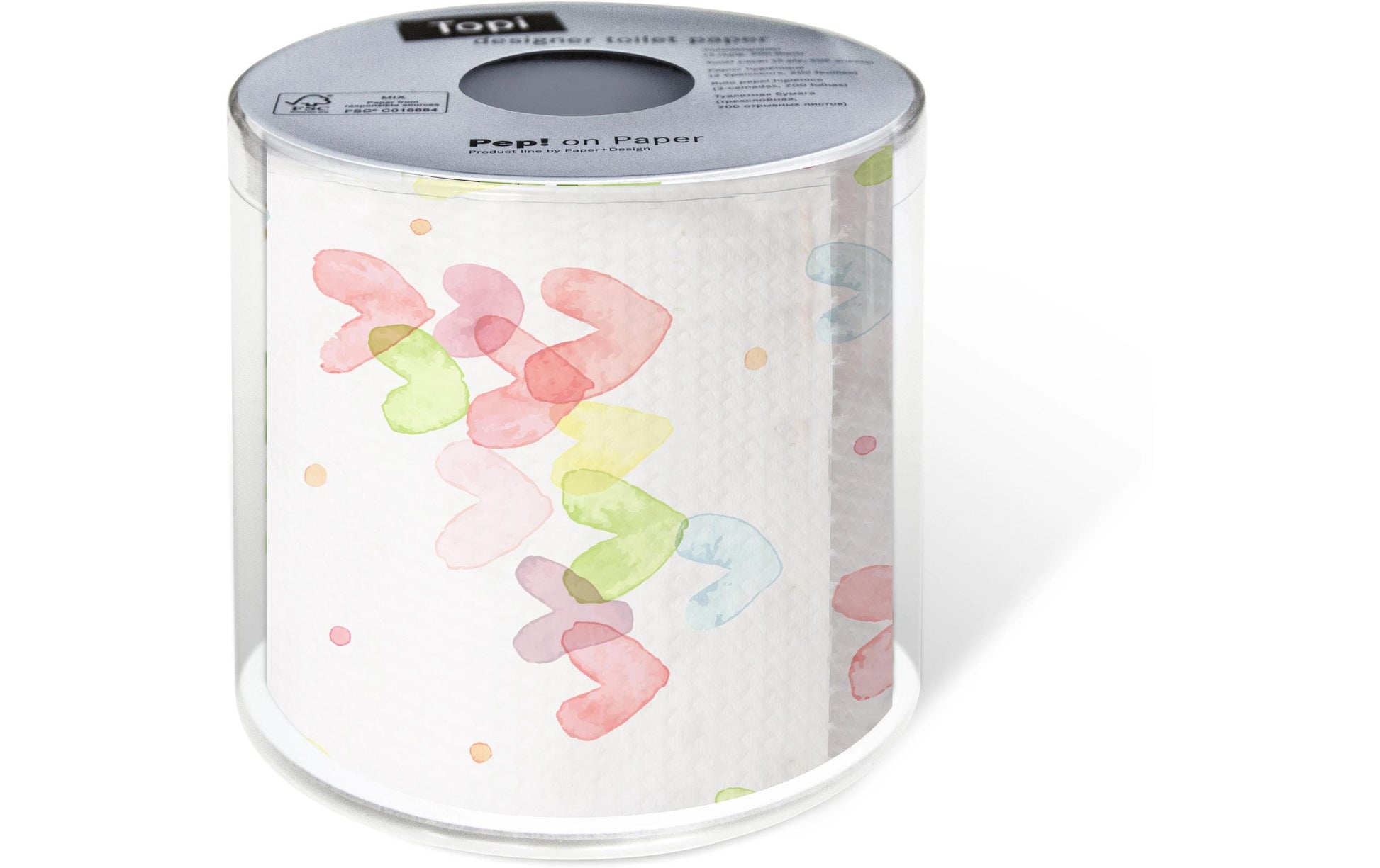 Paper + Design Motiv-Toilettenpapier – 3-lagig, Motiv Hearts Pastel, Blattgrösse 109 × 105 mm, 200 Blatt/Rolle