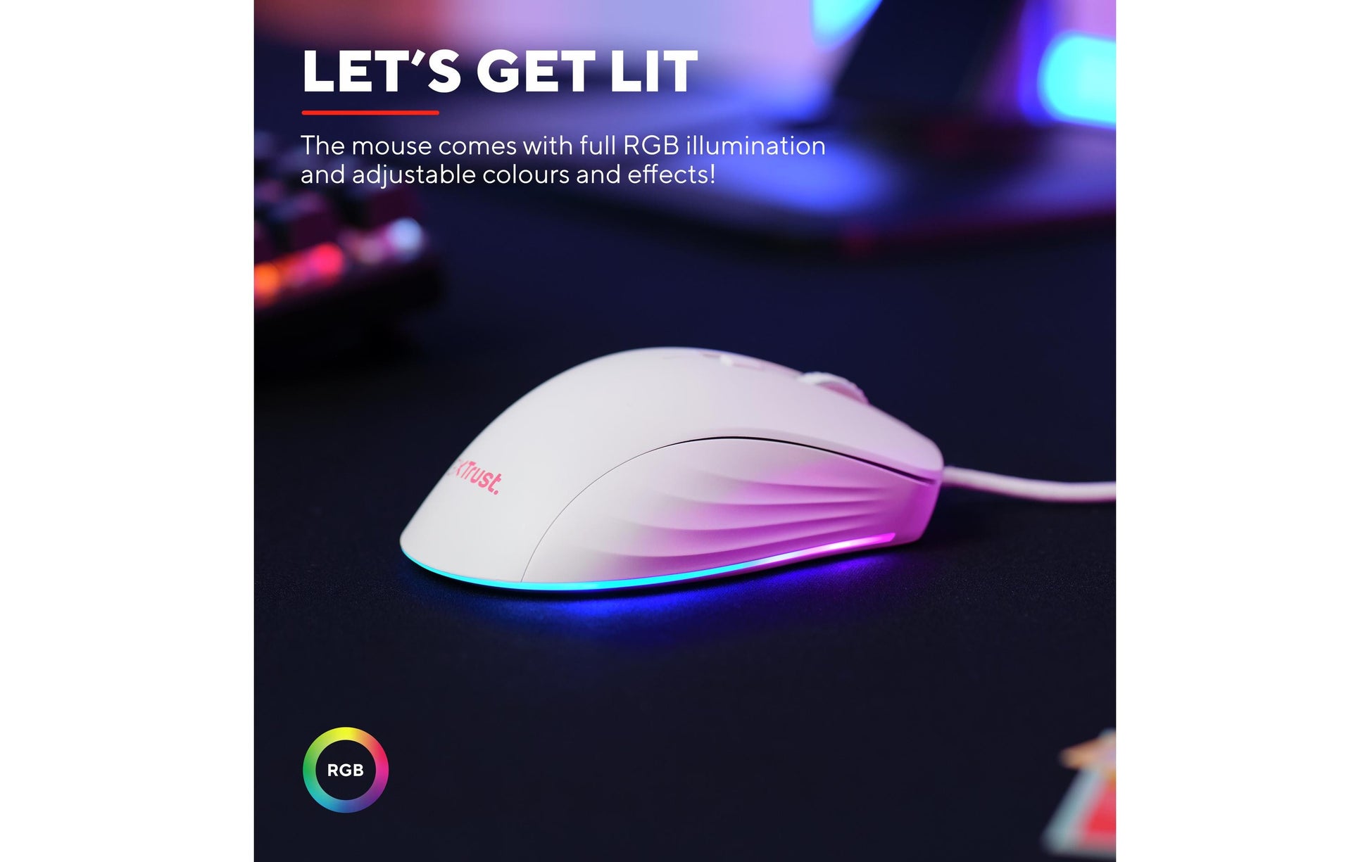 Trust GXT 924W YBAR+ Gaming-Maus – kabelgebunden, 1'000 Hz, 6 Tasten, für Rechtshänder, RGB-Beleuchtung, weiss